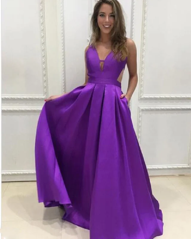 Charming Floor Length  A Line Satin Pocket Deep V Neck Purple Prom Dress PL1022 Breathable unclassified dresses