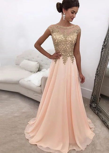 Chiffon A Line Peach and Gold Appliques Prom Dresses, PD2310037 Color block unclassified dresses