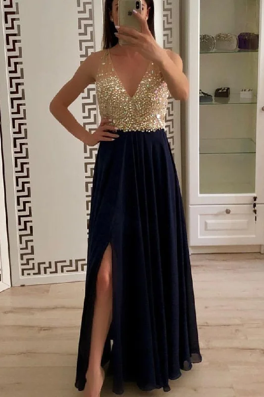 Chiffon V-Neck Beaded Side Slit A-Line Prom Dress, PD2306017 Vintage unclassified dresses