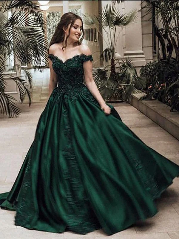 Classic Satin Dark Green Off-the-Shoulder Sweetheart Ball Gown Prom Dress, PD2308092 Best-selling unclassified dresses