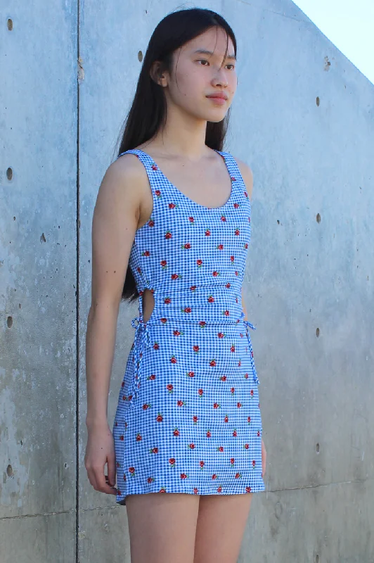 Cut Out Tank Dress - Stretchy Blue Checker with Roses Easygoing Tank Dress