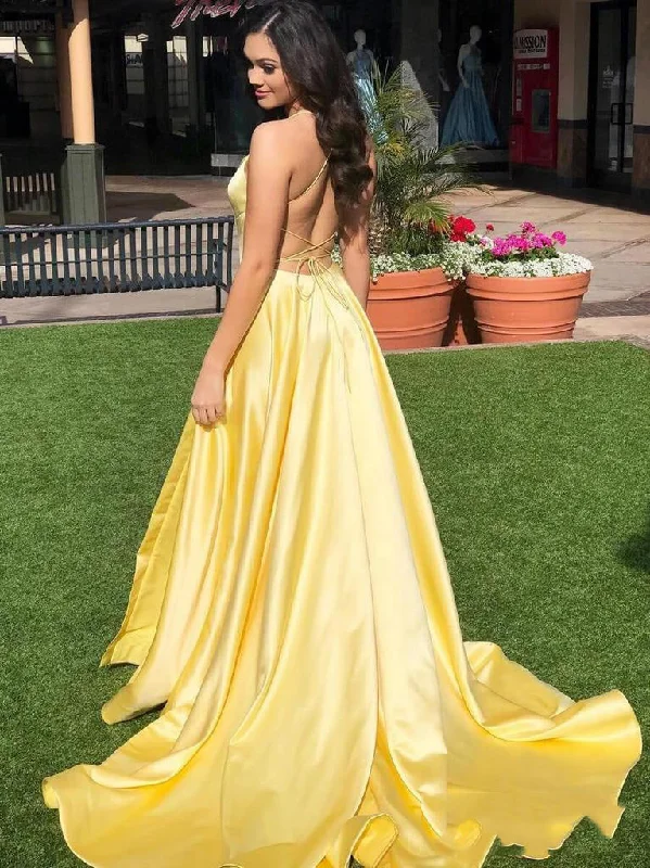 Daffodil Backless Sleeveless Criss Cross Satin Prom Dress with Court Train, PD23031324 Comfortable unclassified dresses