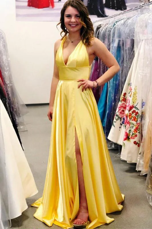 Daffodil Halter V-Neck Side Slit Backless A-Line Prom Dress, PD2306018 Off-shoulder unclassified dresses