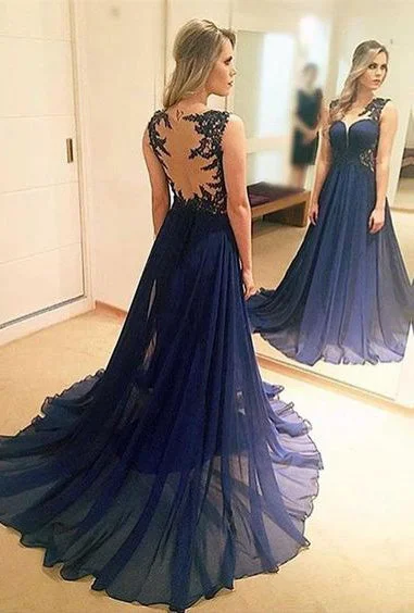 Dark Navy A-Line Prom Dress with Chiffon and Sweep Train, PD2303039 Halter unclassified dresses