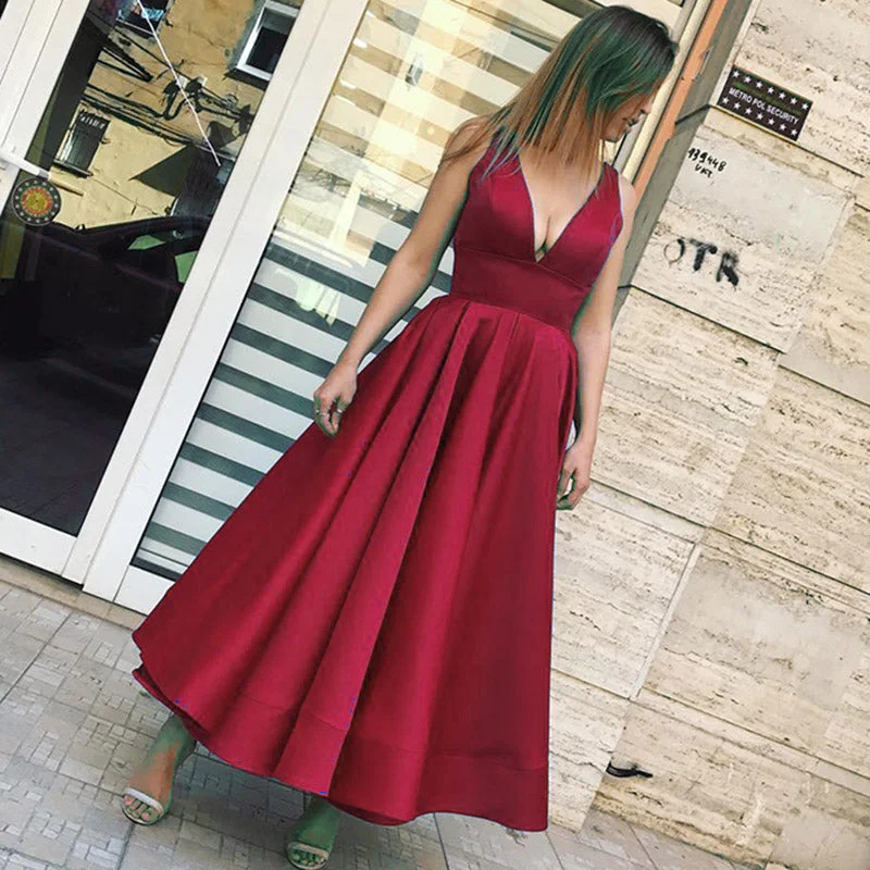 Deep V Neck Prom Dresses  Tea Length  Satin A Line Women Formal Evening Dress Festival unclassified dresses