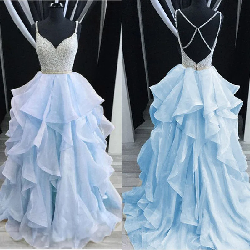 Dreamy Spaghetti Cross Back Beading Tiered Organza Girls Senior Dresses 2020 Prom Beaded Graduation Gown Lightweight unclassified dresses