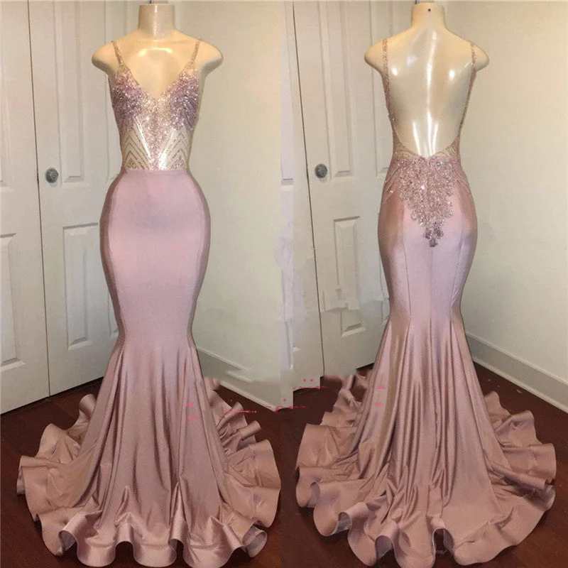 Dusty Rose Beaded V-Neck Backless Sheath Prom Dress, PD2305086 Winter unclassified dresses