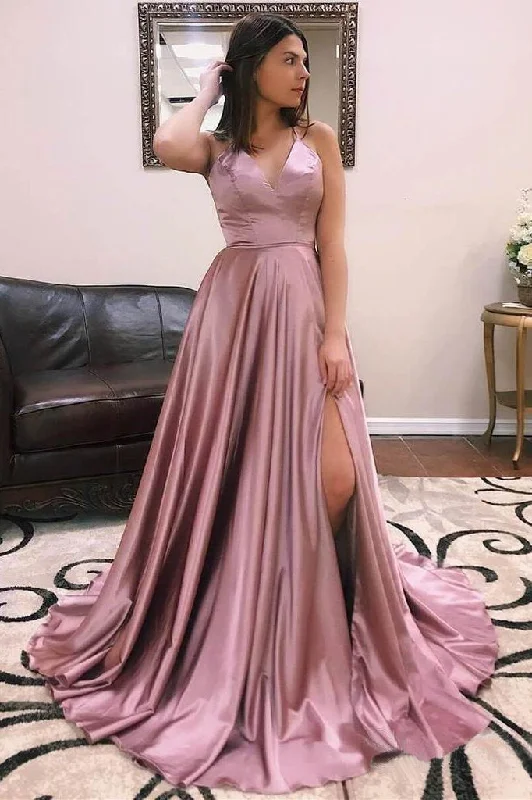 Dusty Rose Side Slit A-Line V Neck Elastic Satin Prom Dress, PD2306263 Color block unclassified dresses