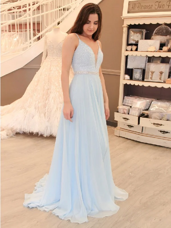 Elegant A-Line V Neck Light Sky Blue Chiffon Beaded Prom Dresses, PD2308305 Flowy unclassified dresses