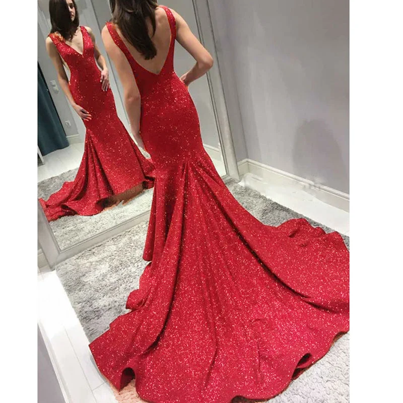 Elegant Glitter Fitted Prom Dresses Mermaid Deep V Neck Women Formal Evening Outfit 2020 Pageant Dress Satin unclassified dresses