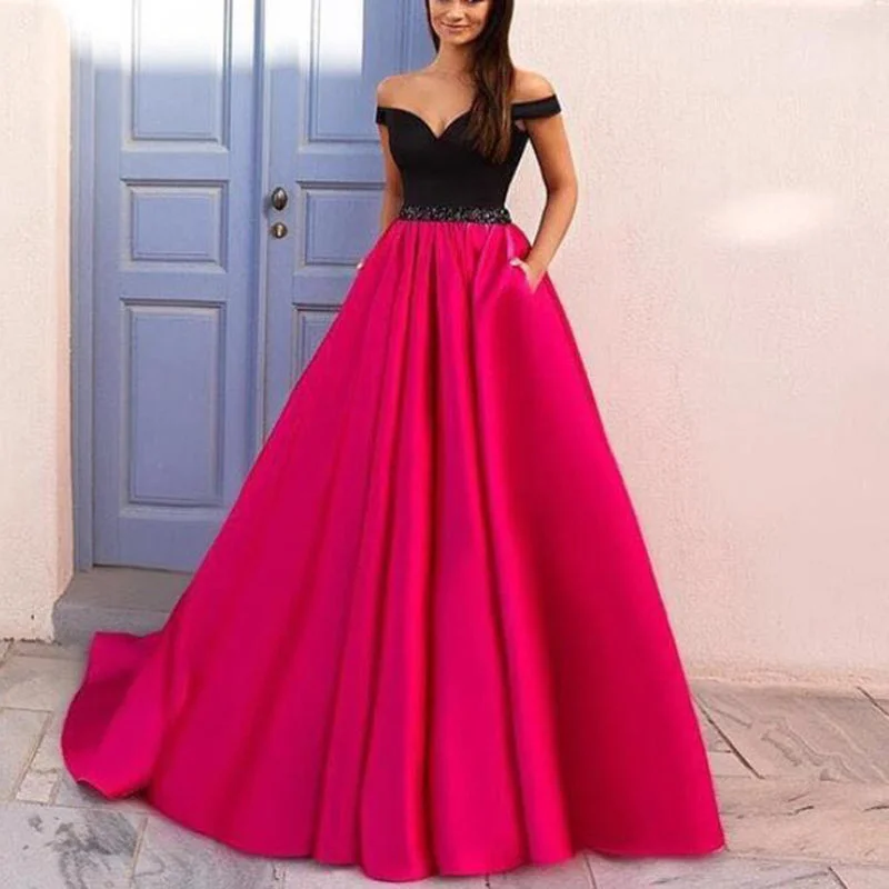 Elegant Off the Shoulder Black and Hot Pink Prom Dresses,Girls Senior Prom Gown,Formal Gowns 2020 Stretchy unclassified dresses