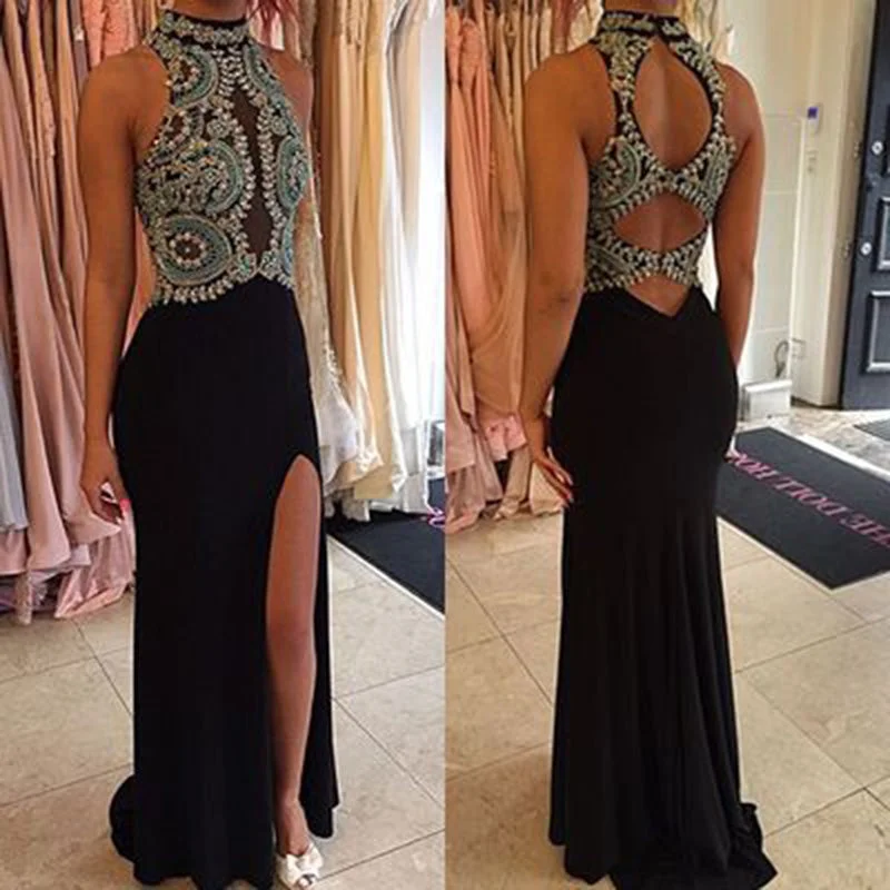 Fantastic Fitted Prom Dress High Neckline Black Formal Gown ,Sexy Slit 2022 Graduation Dress Petite unclassified dresses