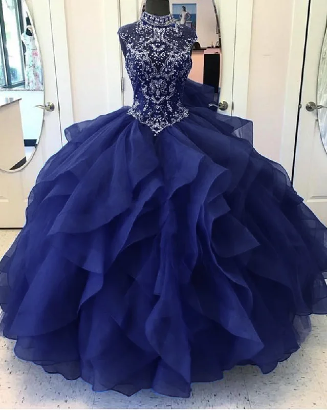 Fantastic High Neck Navy Blue Bodice Corset Ball Gown Sweet 16 Quinceanera Gown Puffy Organza Prom Dress 2022 Debutante LP1151 Fashionable unclassified dresses