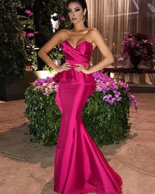 Fuchsia Pink Sweethear Memaid Satin Evening Dress Women Formal Wear Robe De Soiree PL10254 Vintage unclassified dresses