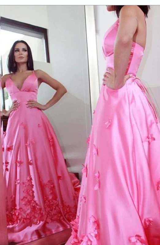 Fushsia Pink V Beck A Line Satin Handmade Flowers Pageant Gown ,Fomral Prom Dress Girls ,Gradaution Dress ,PL10413 Plus size unclassified dresses