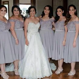 gray Bridesmaid Dress, tea length Bridesmaid Dress,off shoulder Bridesmaid Dress, Bridesmaid Dress, BD5204 Fall unclassified dresses