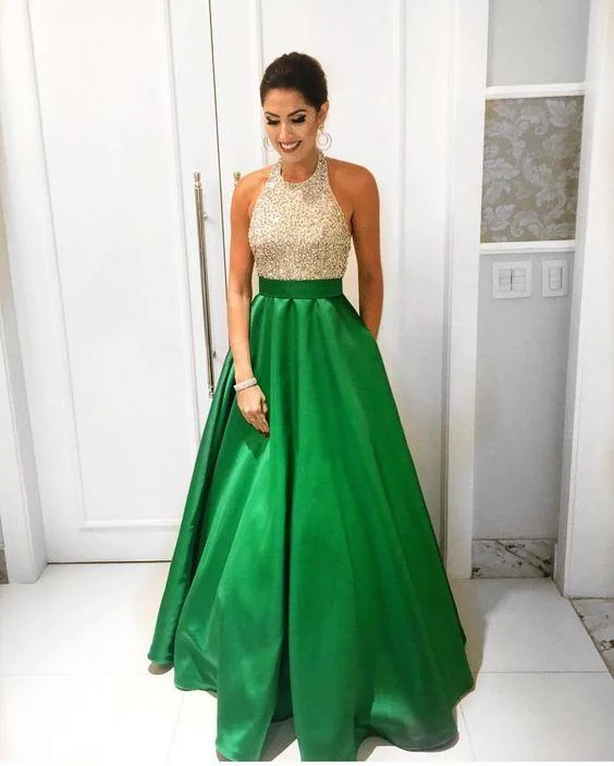 green prom dress, beaded prom Dress, A-line prom dress, charming prom dress, halter prom dress, BD393 Open-back unclassified dresses