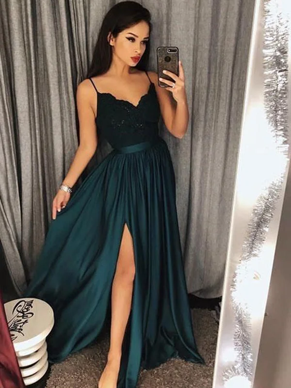 Green Sweetheart Side Slit Elastic Satin Cheap A-Line Prom Dress, PD23060111 Sleeveless unclassified dresses