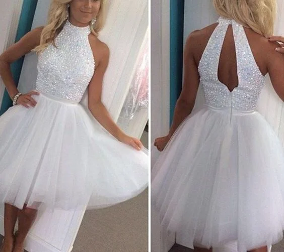 High Neck Beading White simple Backless Homecoming Dress Flowy unclassified dresses