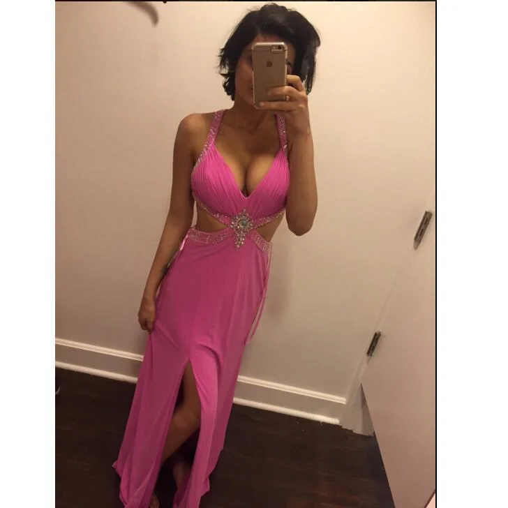 hot pink sexy side slit chiffon backless formal evening dresses, PD1268 Engagement unclassified dresses