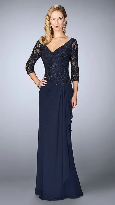 La Femme - 24857SC Beaded V-Neck Draped Sheath Dress Engagement unclassified dresses