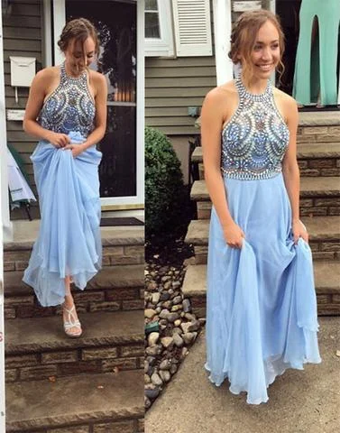 light blue beaded top halter chiffon prom dress, evening gown, PD45685 Winter unclassified dresses