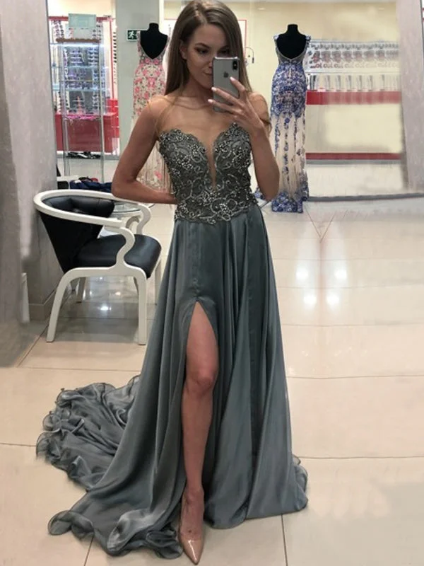 Light Slate Grey Sheer Sleeveless Side Split Chiffon A-Line Prom Dress, PD2303057 Boho unclassified dresses