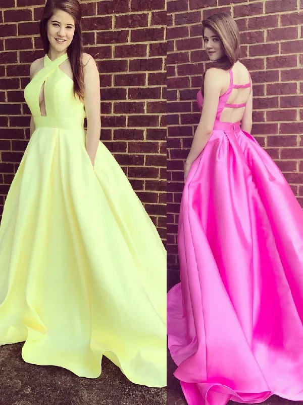 Light Yellow Satin A-Line Prom Dress with Hollow-Out Back, Halter Neckline, and High Slit, PD23031513 Preppy unclassified dresses