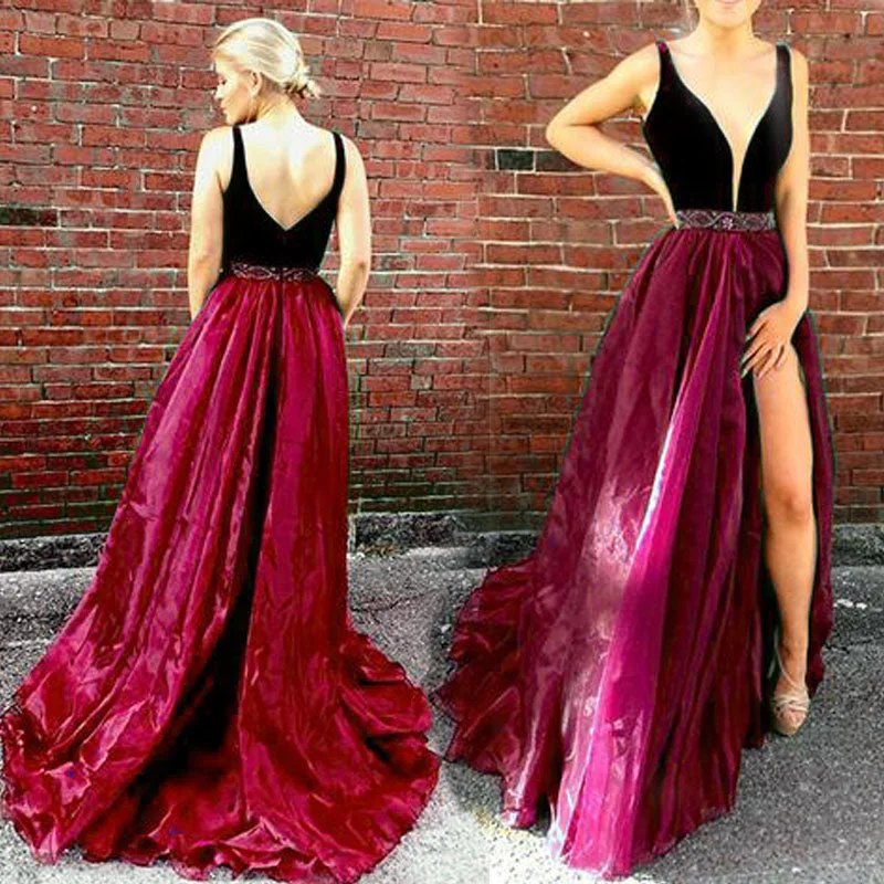 LP1254 Sexy Plunge V Neckline Velvet and Organza A Line Prom Dress Burgundy Pageant Dress Formal Gown 2018 with Slit Leg Formal unclassified dresses