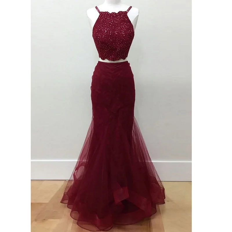 LP1596 Halter Sexy Bordeaux Crop Top 2018 Prom Dress two pieces Mermaid Formal Gowns Pageant Dresses Popular unclassified dresses