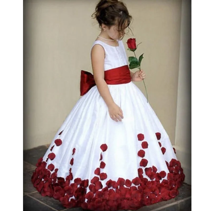 LP2365 O Neck White Flower Girl Dress with Red Petal First Communion Gown little Girl Evening Dress Anniversary unclassified dresses