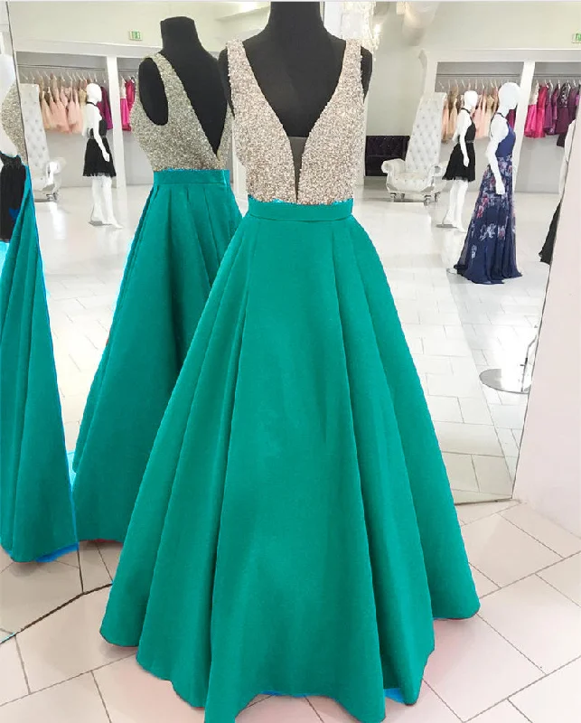 LP3358 Gorgeous Turquiose A Line Satin Senior Prom Dress 2018  Deep V neck Formal evening Gown Tiered unclassified dresses