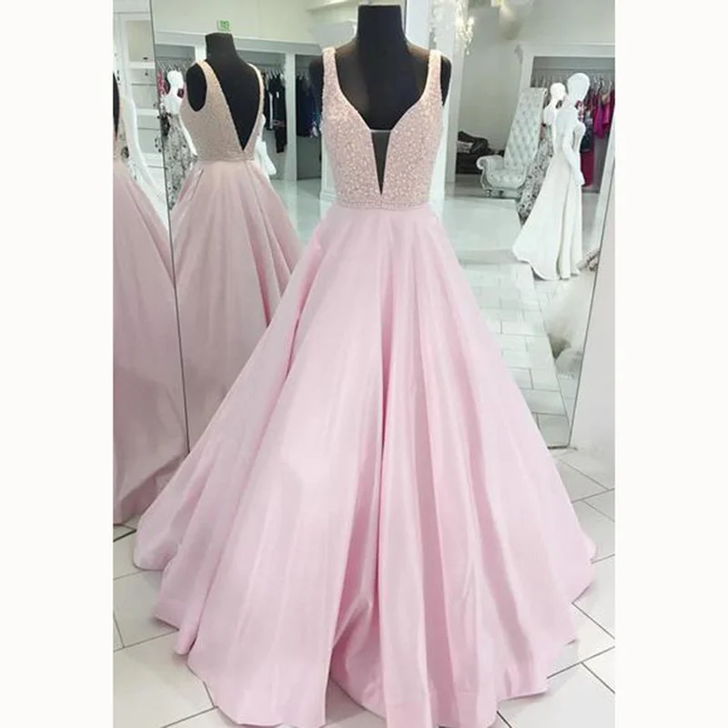 LP3381 A Line Senior Pink Prom Dress 2018 Plunge V neckline Beading Pageant Dress Girls Lounge unclassified dresses