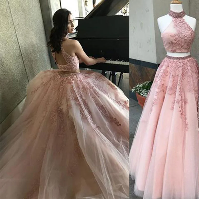 LP5525 Halter High Neck Top Blush Pink Prom Dresses Two Pieces Crop Top Evening Gown Girls Formal Gown 2018 Discounted unclassified dresses