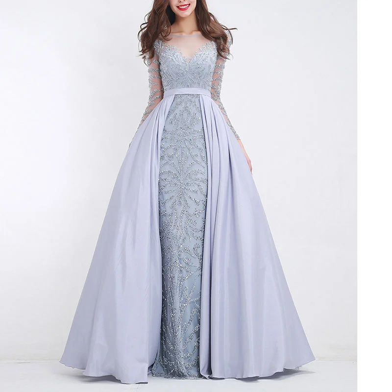 LP745 Luxury Attachable Train Sexy Heavy Beading Prom Dresses with Sleeves Formal Gown Pageant Dresses Striped unclassified dresses