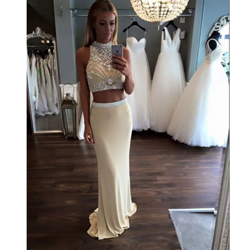 LP7890 Halter Beading Two Pieces Prom Dress Fitted Girls Formal Gown Pageant Dress 2018 Lounge unclassified dresses