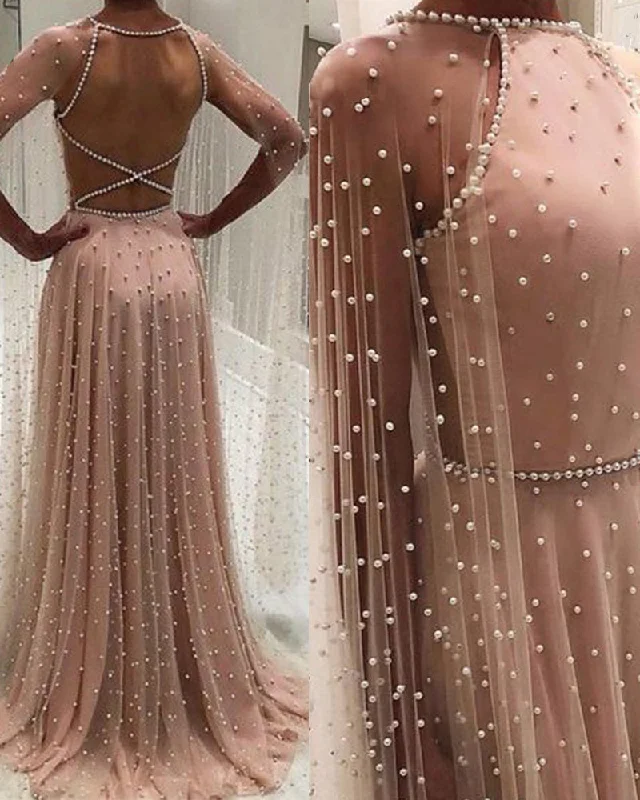 Luxury Arabic Style Women Pink Evening Dress with Pearl Cape Formal Prom Gowns PL08015 Women's unclassified dresses