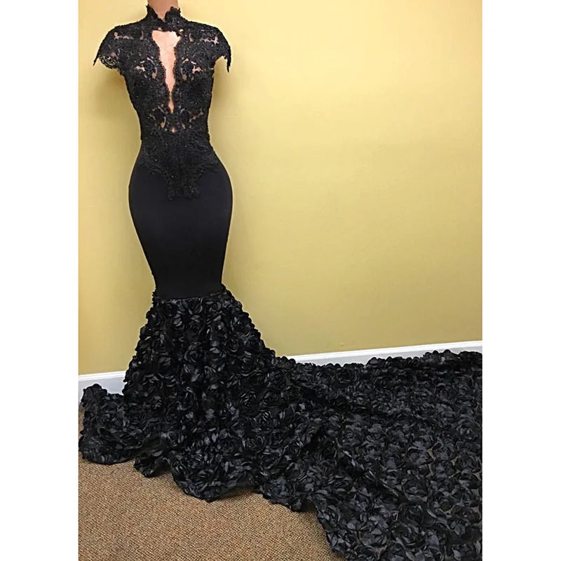 Luxury Black Flowers Rose Mermaid African Women Evening Dresses Prom Gown 2018 vestido de noche Short unclassified dresses