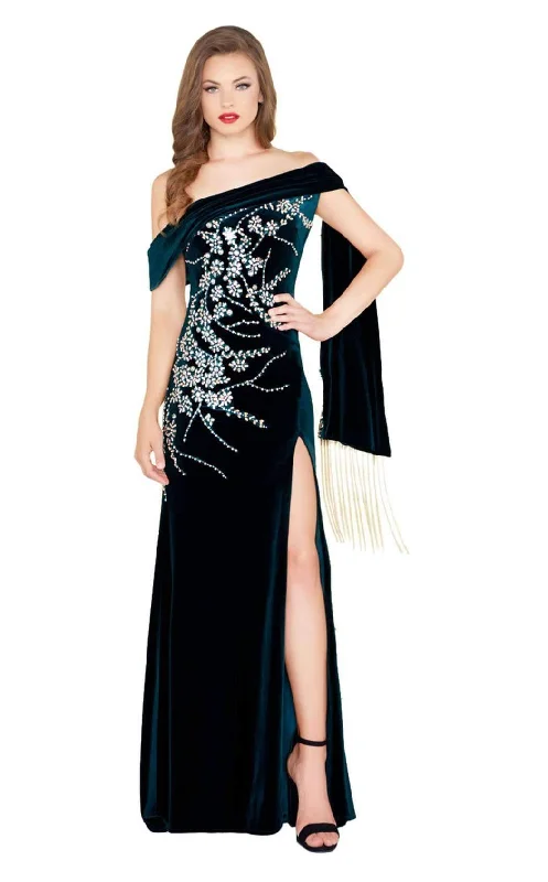 Mac Duggal Black White Red - Fringed Scarf Drape Velvet Dress 12186RSC Luxury unclassified dresses