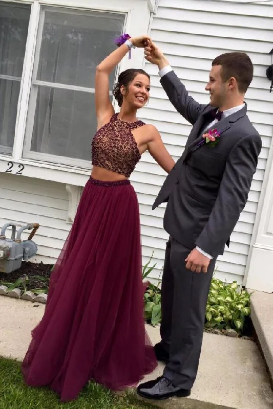 Maroon Beaded Halter Two-Piece Prom Dress, PD2303025 Sexy unclassified dresses