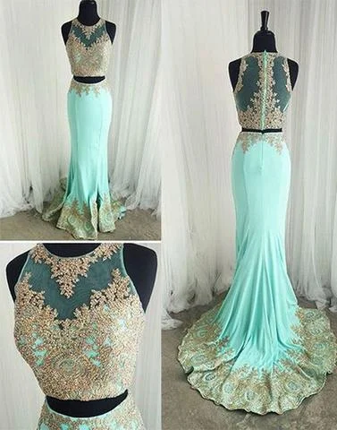 mint green two pieces appliques prom dress, evening dress, BD641547 Cotton unclassified dresses