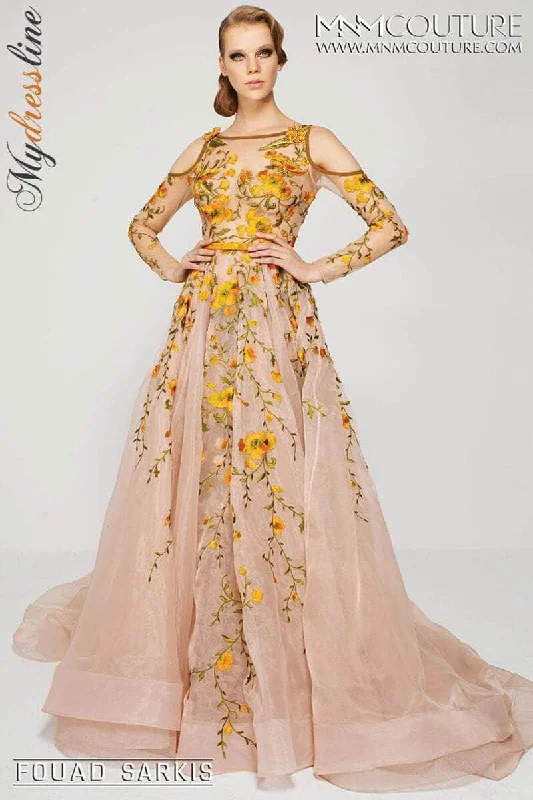 MNM Couture 2401 - Long Sleeve Floral Embroidered Gown Vintage floral dresses