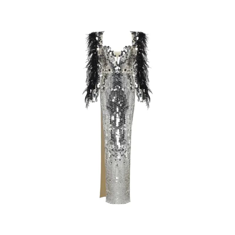 NADINE Silver Embellished Feather Dress Denim unclassified dresses