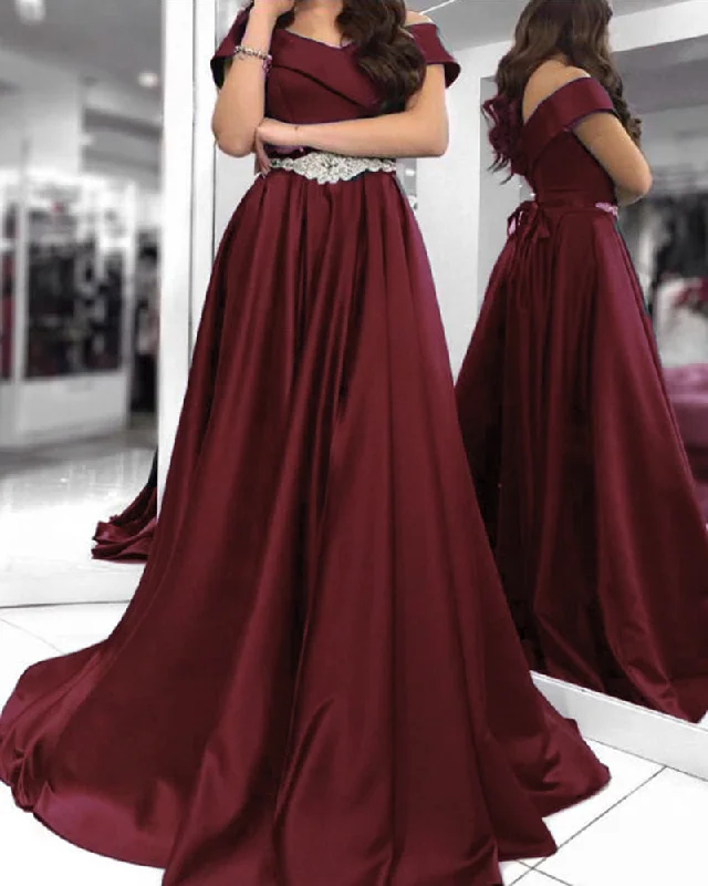 Off the Shoulder Satin A Line Formal Prom Dress with Belt Formal Evening Gown 2022 PL10411 Flowy unclassified dresses