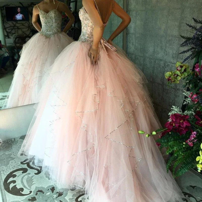 Pink Ball Gown Quinceanera Dresses Spaghetti Straps with Beading Sweet 16 Prom Dresses High-end unclassified dresses