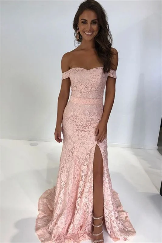 Pink Enchantment Sheath Prom Dress with Off-the-Shoulder Style and Side Slit, PD2305117 Stylish unclassified dresses