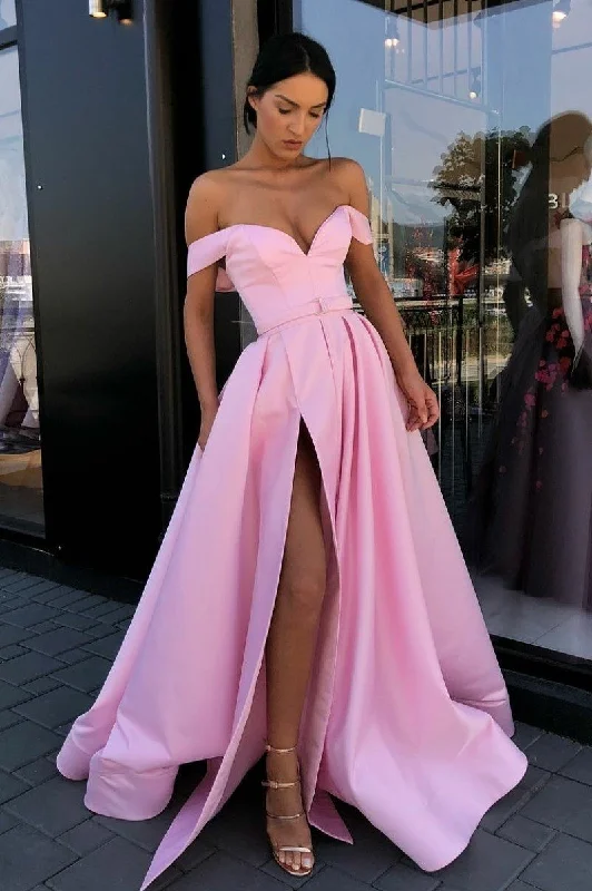 Pink Satin A-Line Prom Dress with Off-Shoulder Design, Sweetheart Neckline, and Side Slit, PD23031514 One-shoulder unclassified dresses