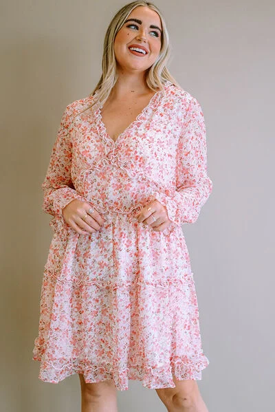 Plus Size Floral V-Neck Frill Long Sleeve Dress Revolve floral dresses