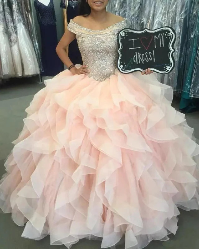 Princess Beading Pink Ruffle Organza Ball Gown Sweet 16 Dress Girls Quinceanera Prom Gown Street style unclassified dresses