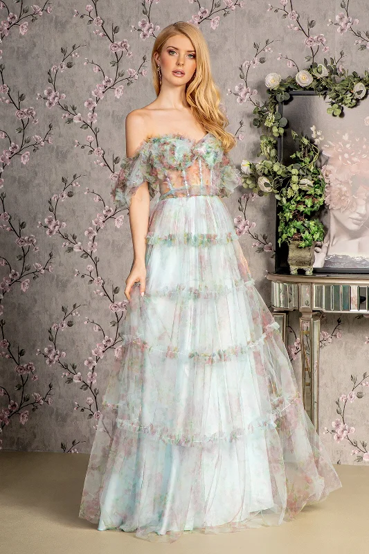 Print Off Shoulder Ruffled A-line Gown by GLS Gloria GL3394 Garden party floral dresses